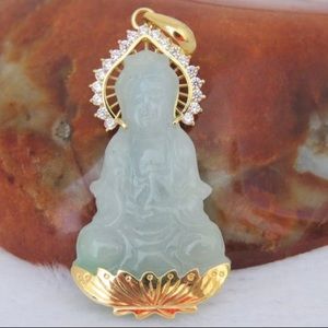 18K Gold Icy Jade & White Topaz Quan Yin Pendent